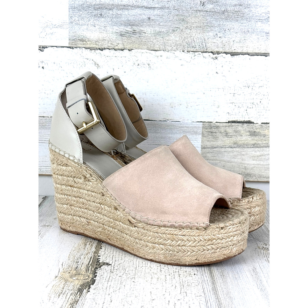 Marc Fisher Adalyn Womens 9 Taupe White Leather Espadrille Wedge Sandals
